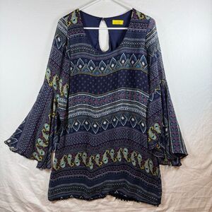 Dee Elle Navy Paisley Boho Bell Sleeve Tunic Top Size M